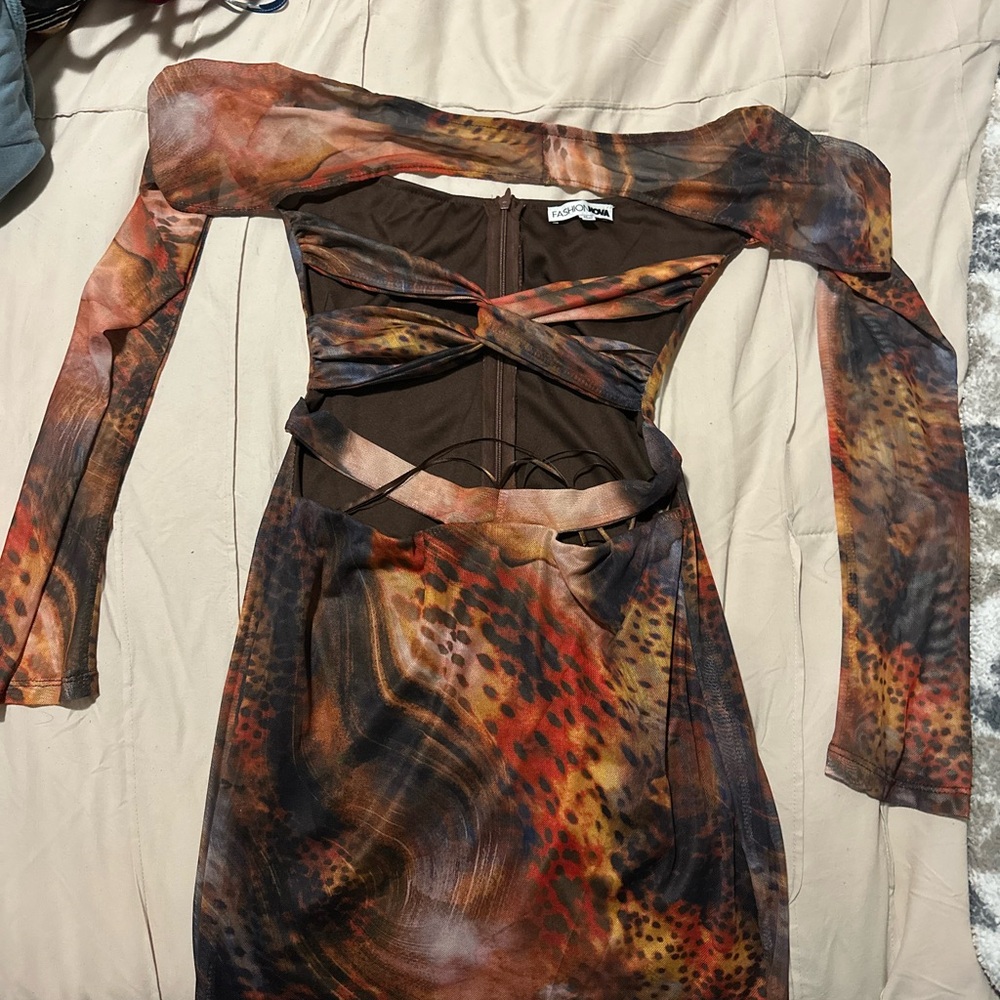 Fashion Nova Brown and Orange Long Sleeve Dress